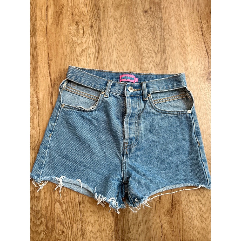 Edikted Blue Denim Cut-Out Waist High Rise Frayed Hem Shorts XS Light Wash